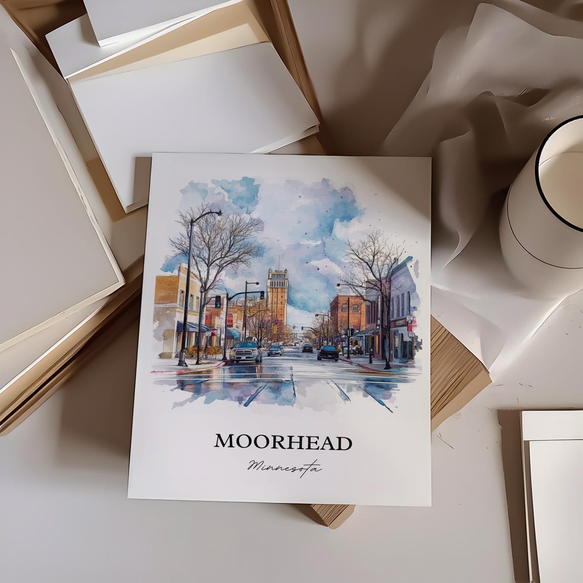 Moorhead Minnesota Downtown Street Tower Watercolor Art Poster - Image 3