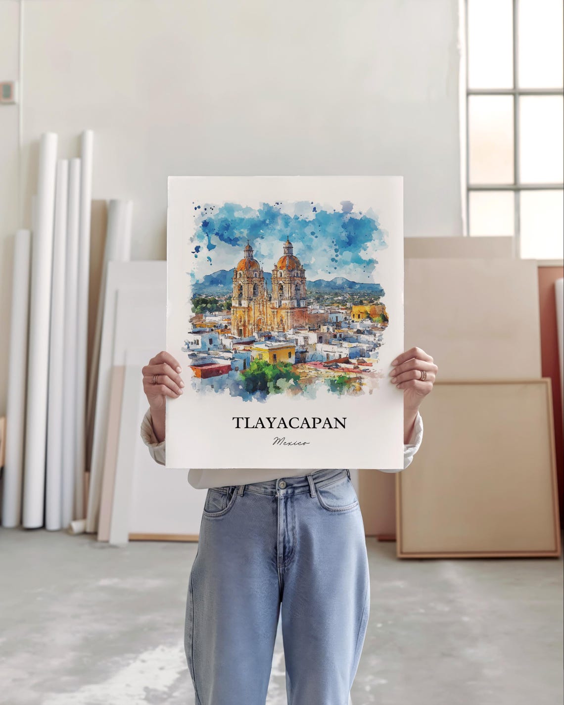 Tlayacapan Mexico Watercolor Twin Domes Church Rooftops Poster - Image 3