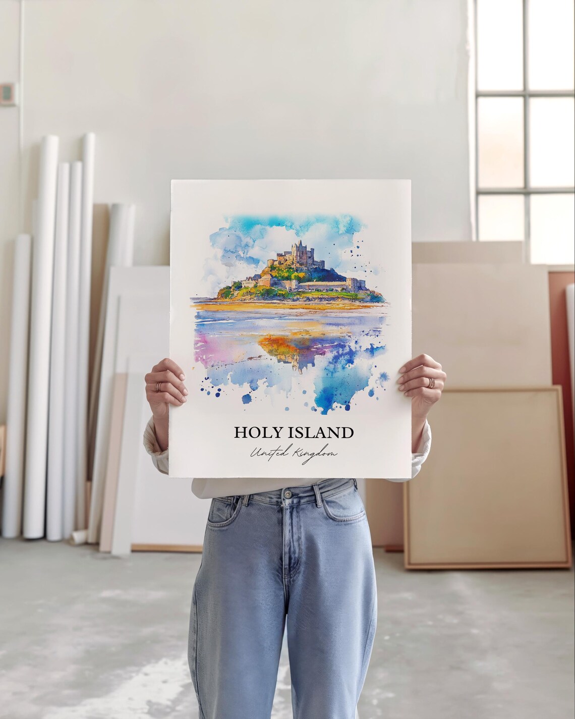 Holy Island United Kingdom Watercolor Island Castle Tidal View Poster - Image 4