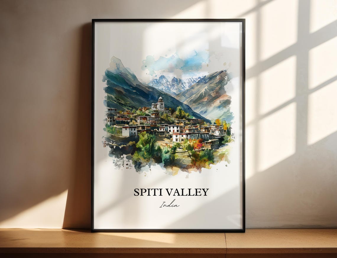 Spiti Valley India Watercolor Himalayan Mountain Village Poster