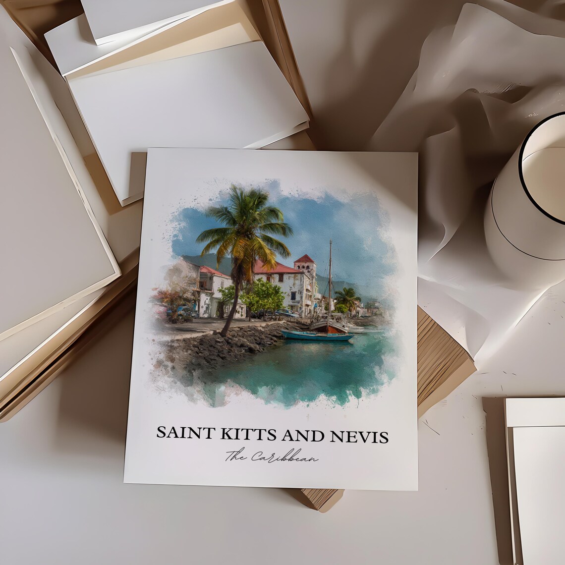 Saint Kitts and Nevis Caribbean Harbor Watercolor Art Poster - Image 2