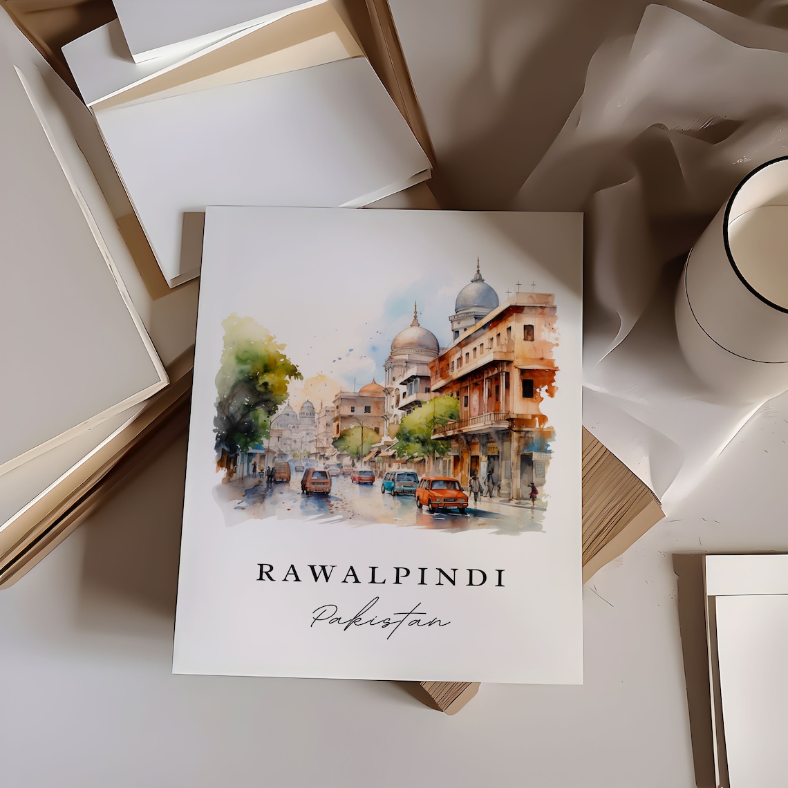 Rawalpindi Pakistan Watercolor City Street Domed Buildings Poster - Image 6