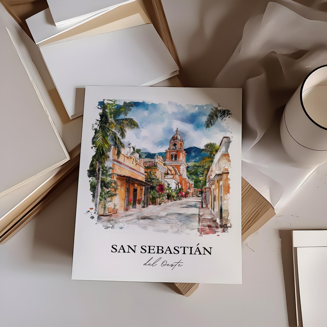 San Sebastian del Oeste Mexico Palm Street Church Watercolor Poster - Image 3