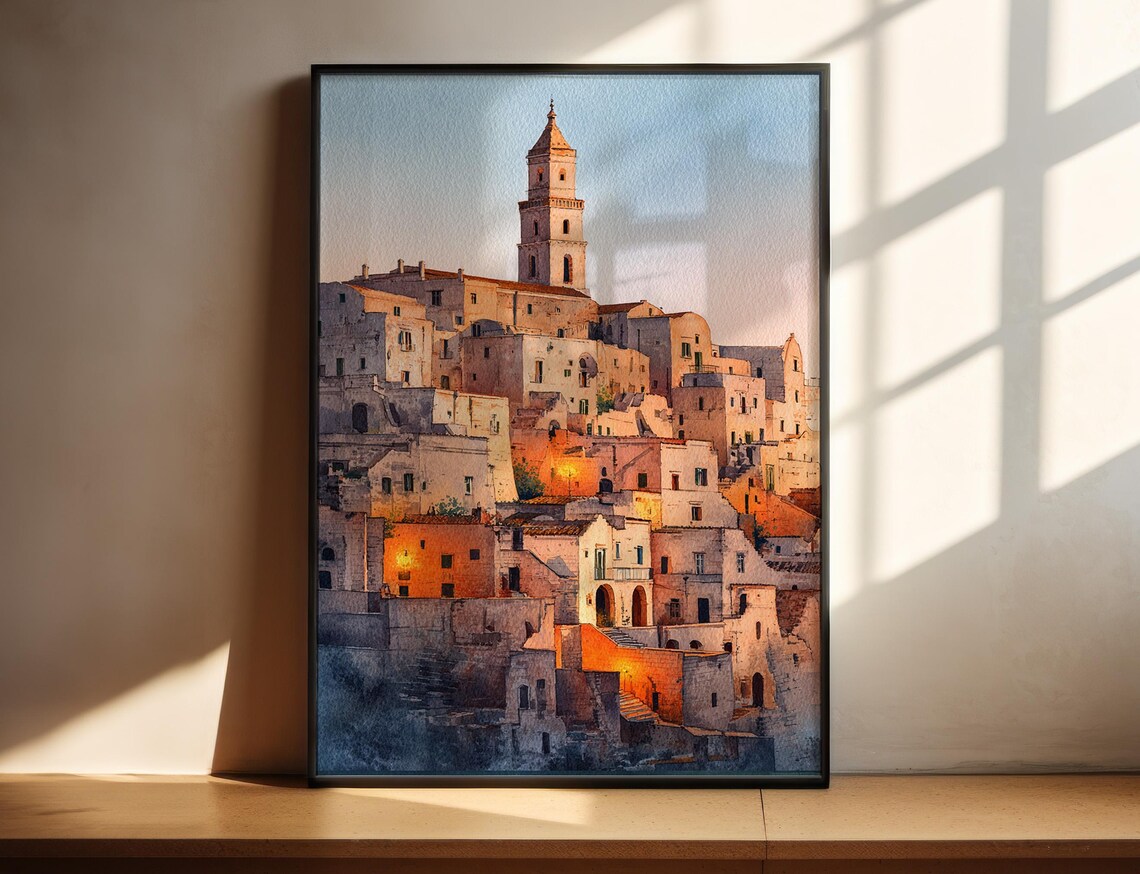 Italian Hill Town at Sunset Warm Watercolor Painting Art Poster