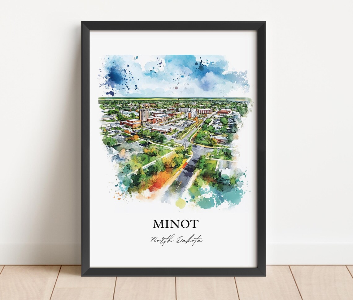 Minot North Dakota Watercolor Downtown Aerial City View Poster - Image 4
