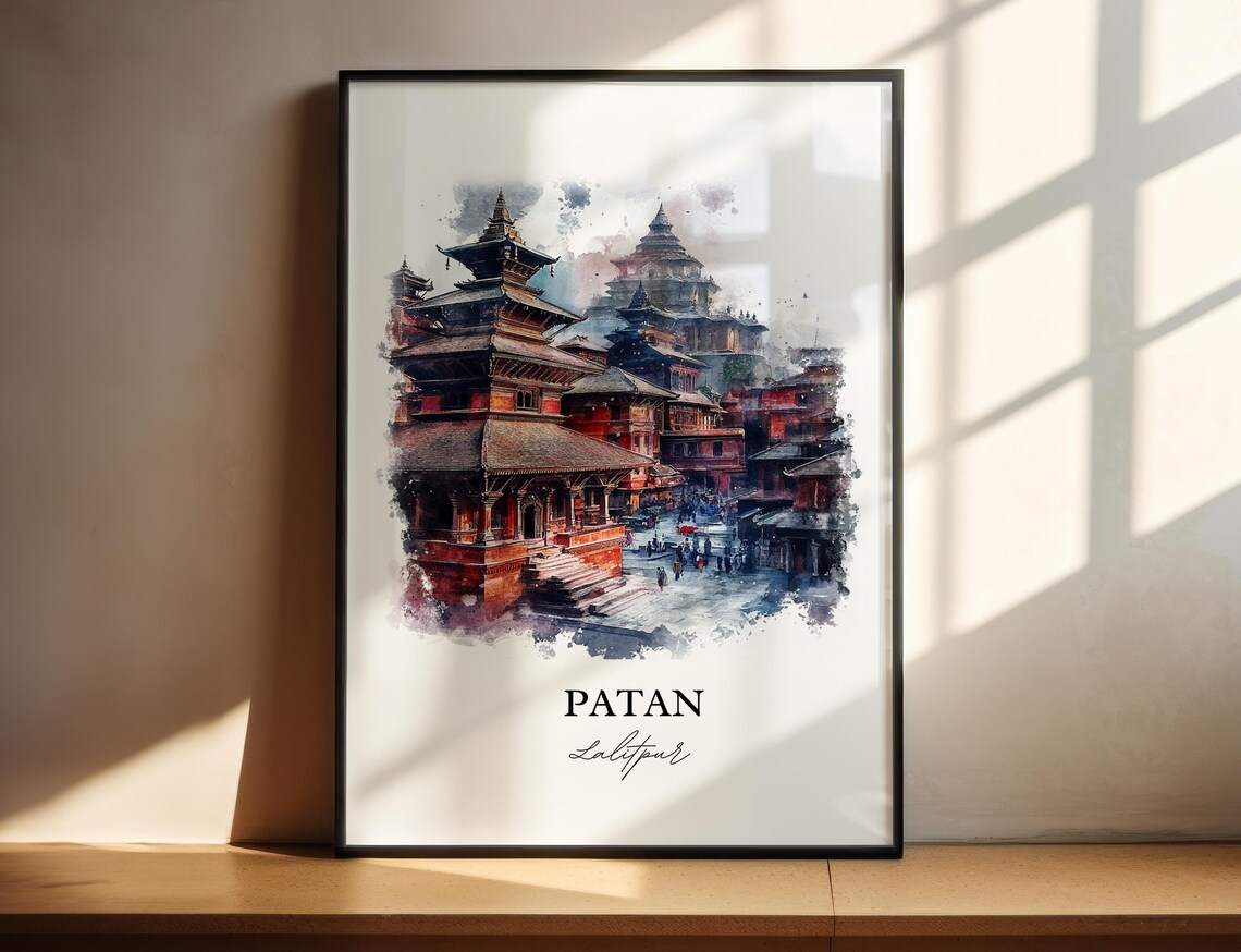 Patan Lalitpur Nepal Watercolor Pagoda Temples Travel Poster