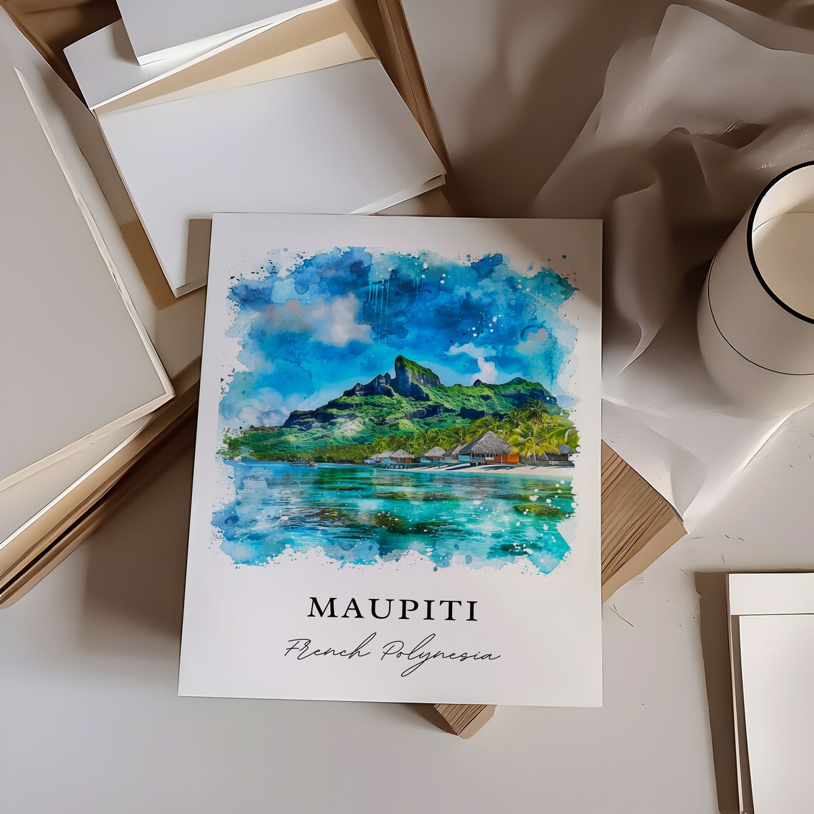 Maupiti French Polynesia Watercolor Island Bungalows Travel Poster - Image 6