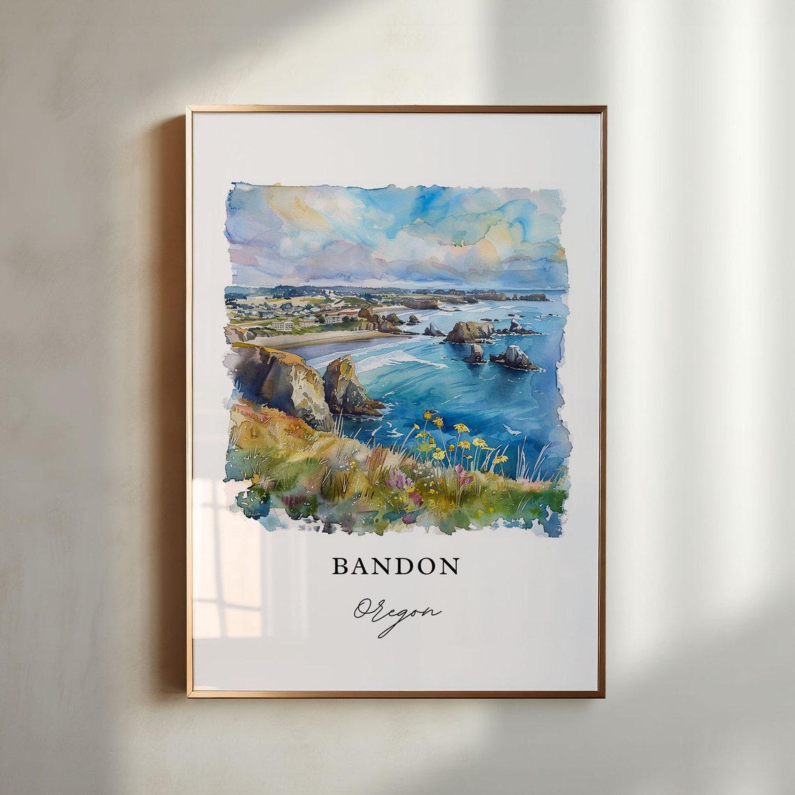 Bandon Oregon Rocky Coast Watercolor Sea Stacks Nature Poster
