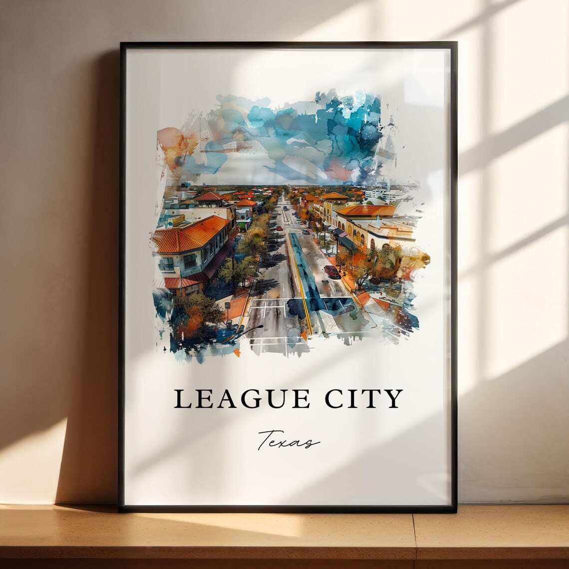 League City Texas Watercolor Aerial Main Street View Scene Poster - Image 4