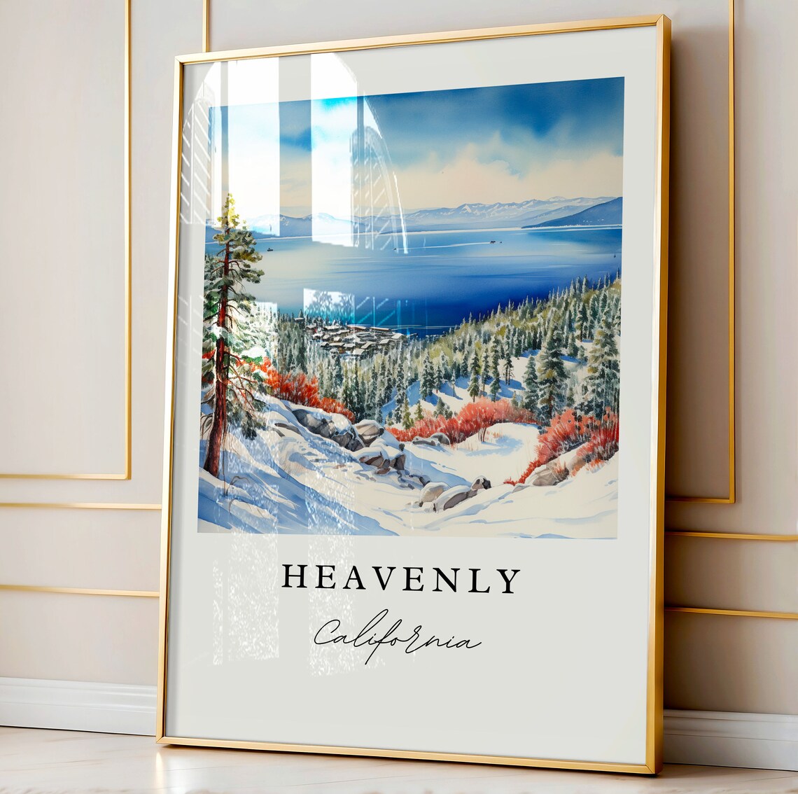 Heavenly California Watercolor Lake Tahoe Snowy Pines Ski View Poster - Image 4