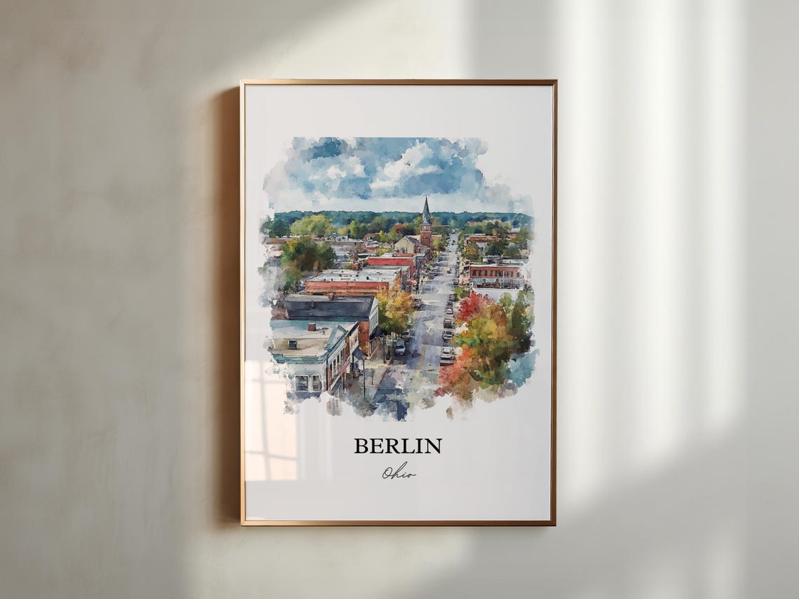 Berlin Ohio Historic Downtown Overlook Watercolor Travel Poster - Image 5