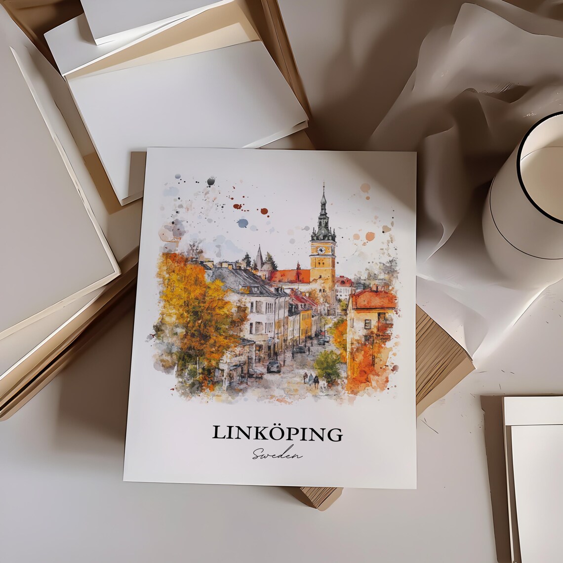 Linkoping Sweden Autumn Old Town Street Watercolor Travel Poster - Image 4