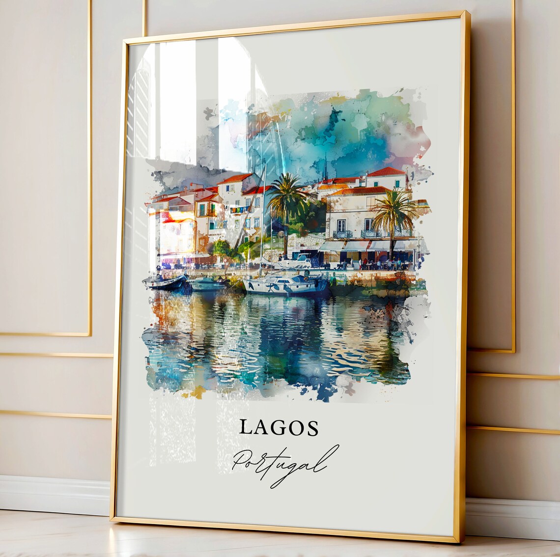 Lagos Portugal Algarve Marina Palm Harbor Watercolor Town Poster - Image 4