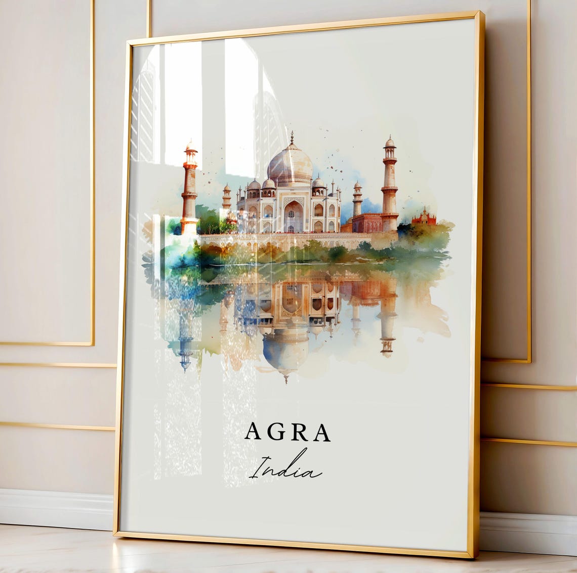 Agra India Watercolor Taj Mahal Reflection Landmark Travel Gift Poster - Image 4
