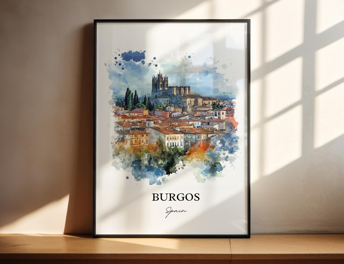 Burgos Spain Gothic Cathedral Rooftops Watercolor Travel Poster