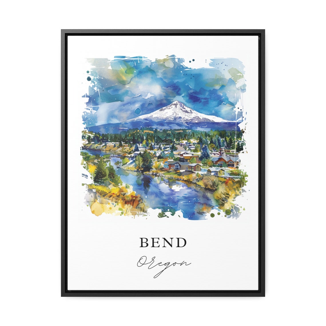Bend Oregon Cascade Mountain River Town Watercolor Travel Poster - Image 3