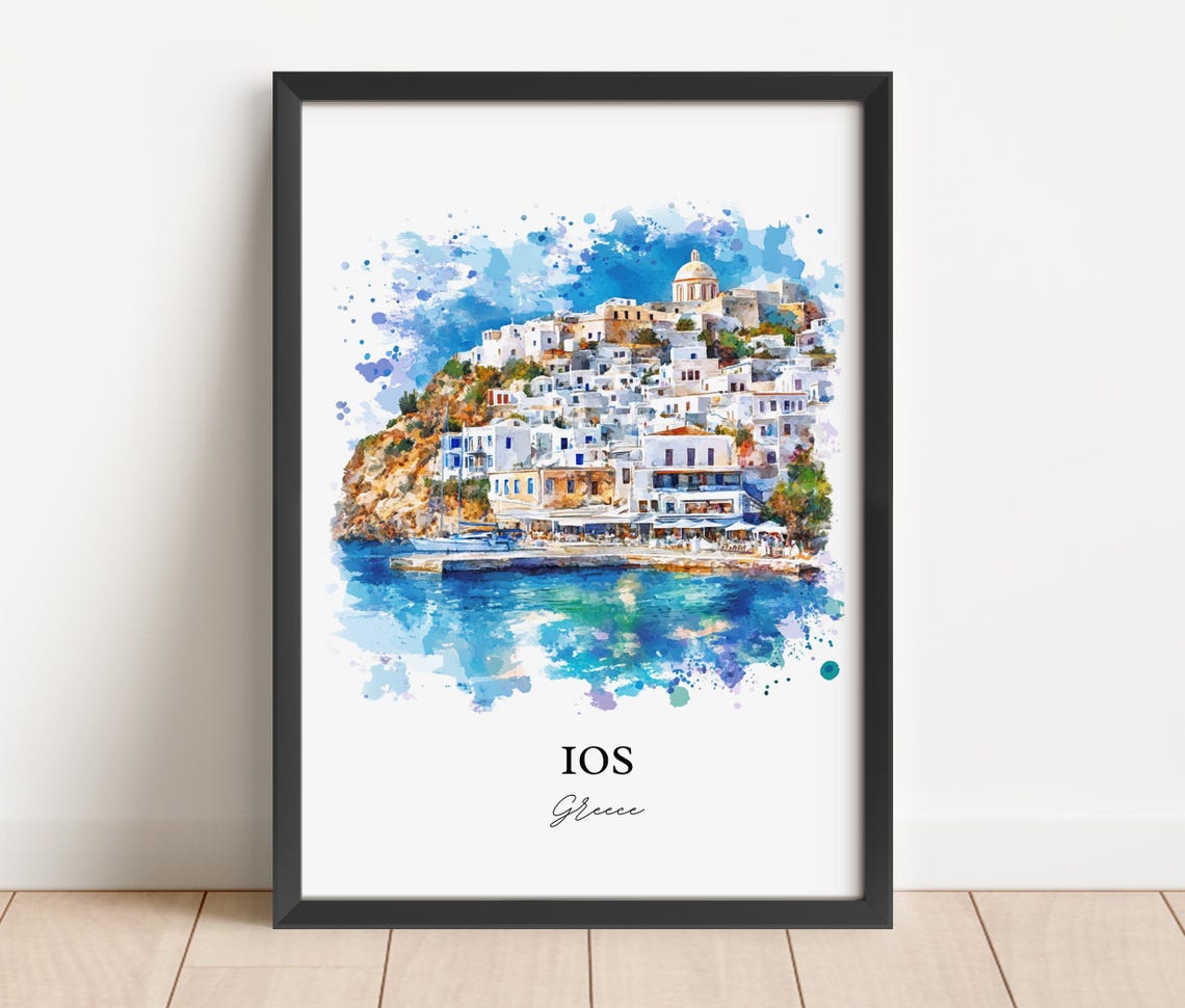 Ios Greece White Village Blue Harbor Watercolor Travel Poster - Image 3