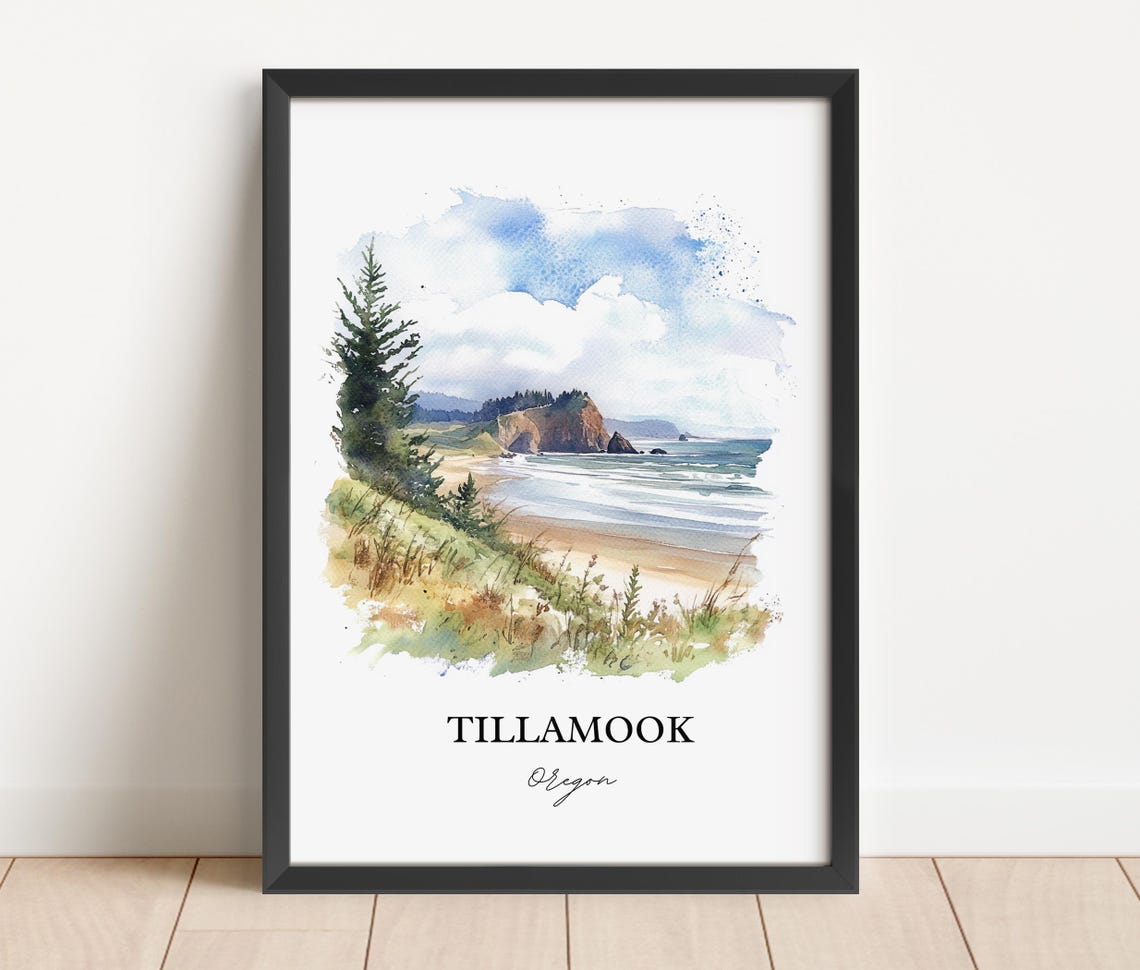 Tillamook Oregon Coast Beach Cliffs Watercolor Travel Poster - Image 4