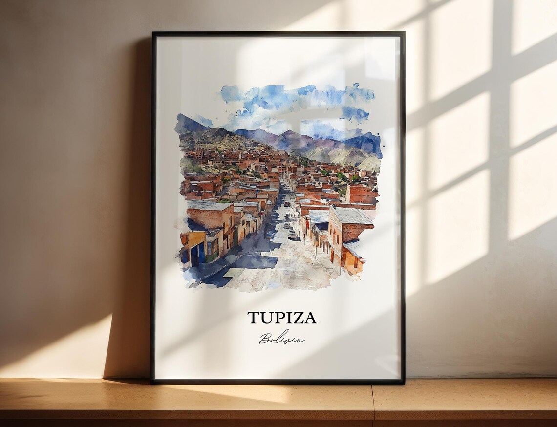 Tupiza Bolivia Watercolor Red Brick Mountain Town Street Travel Poster