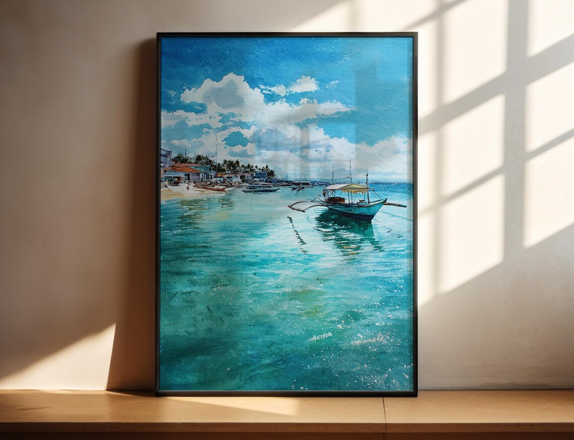 Cebu Philippines Tropical Beach Outrigger Boat Watercolor Poster