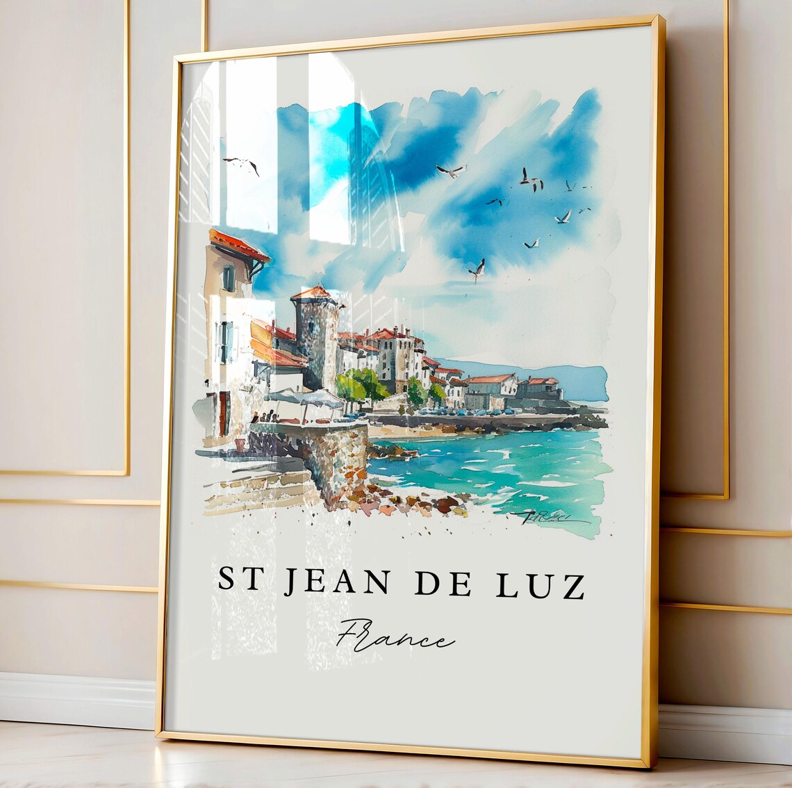 St Jean de Luz Coastal Harbor Town Watercolor France Travel Poster - Image 3