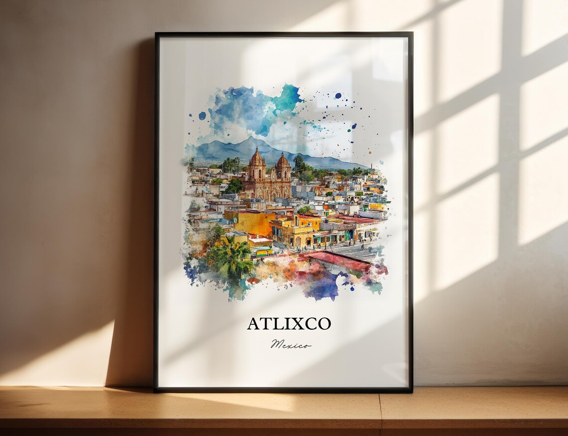 Atlixco Mexico Grand Volcano Church City Watercolor Travel Poster