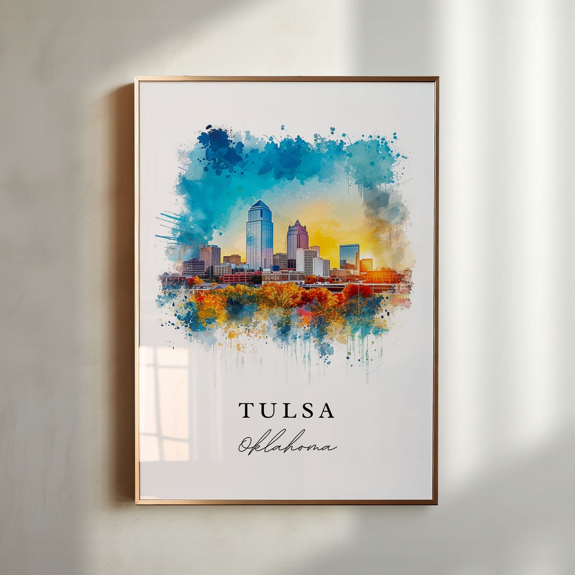 Tulsa Oklahoma Downtown Skyline Sunset Cityscape Watercolor Poster