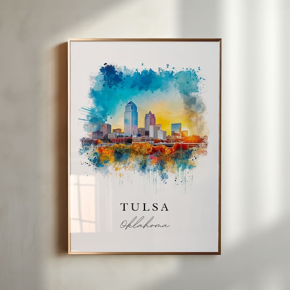 Tulsa Oklahoma Downtown Skyline Sunset Cityscape Watercolor Poster