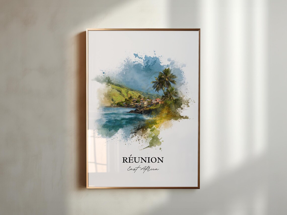Reunion Island East Africa Tropical Coastal Village Watercolor Poster - Image 4