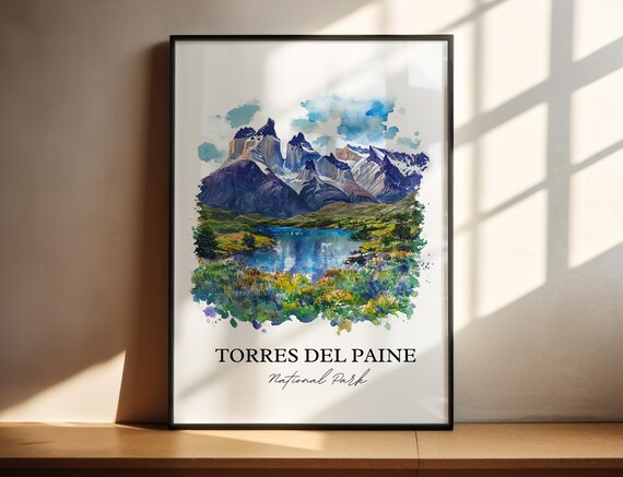 Torres del Paine National Park Watercolor Mountain Scene Poster