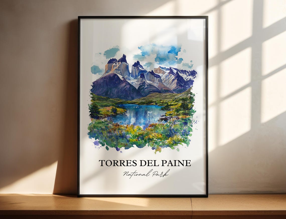 Torres del Paine National Park Watercolor Mountain Scene Poster