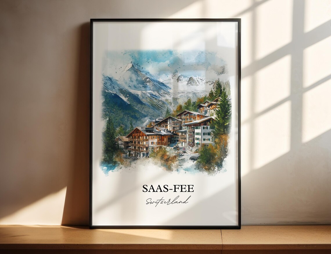Saas-Fee Switzerland Alpine Village Watercolor Mountain Travel Poster