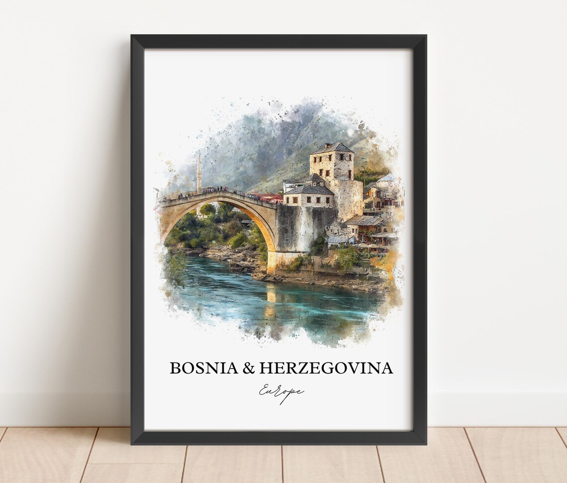 Bosnia Herzegovina Stari Most Bridge Watercolor River Landscape Poster - Image 4