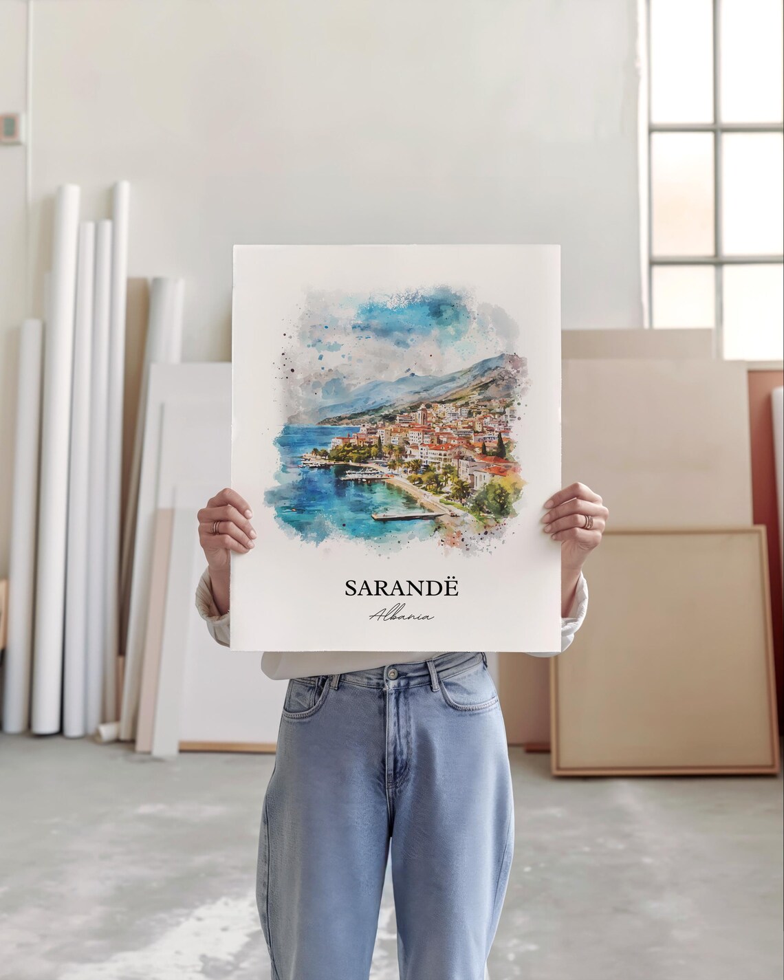 Sarande Albania Coastal Bay Watercolor Skyline Travel Art Wall Poster - Image 3