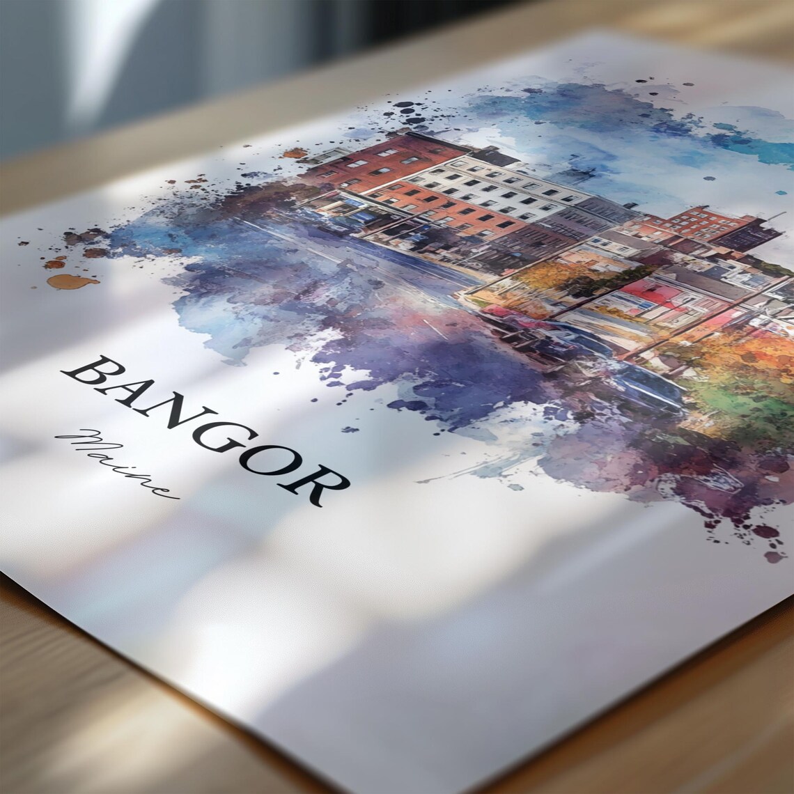 Bangor Maine Historic Downtown Street Autumn Watercolor City Poster - Image 6
