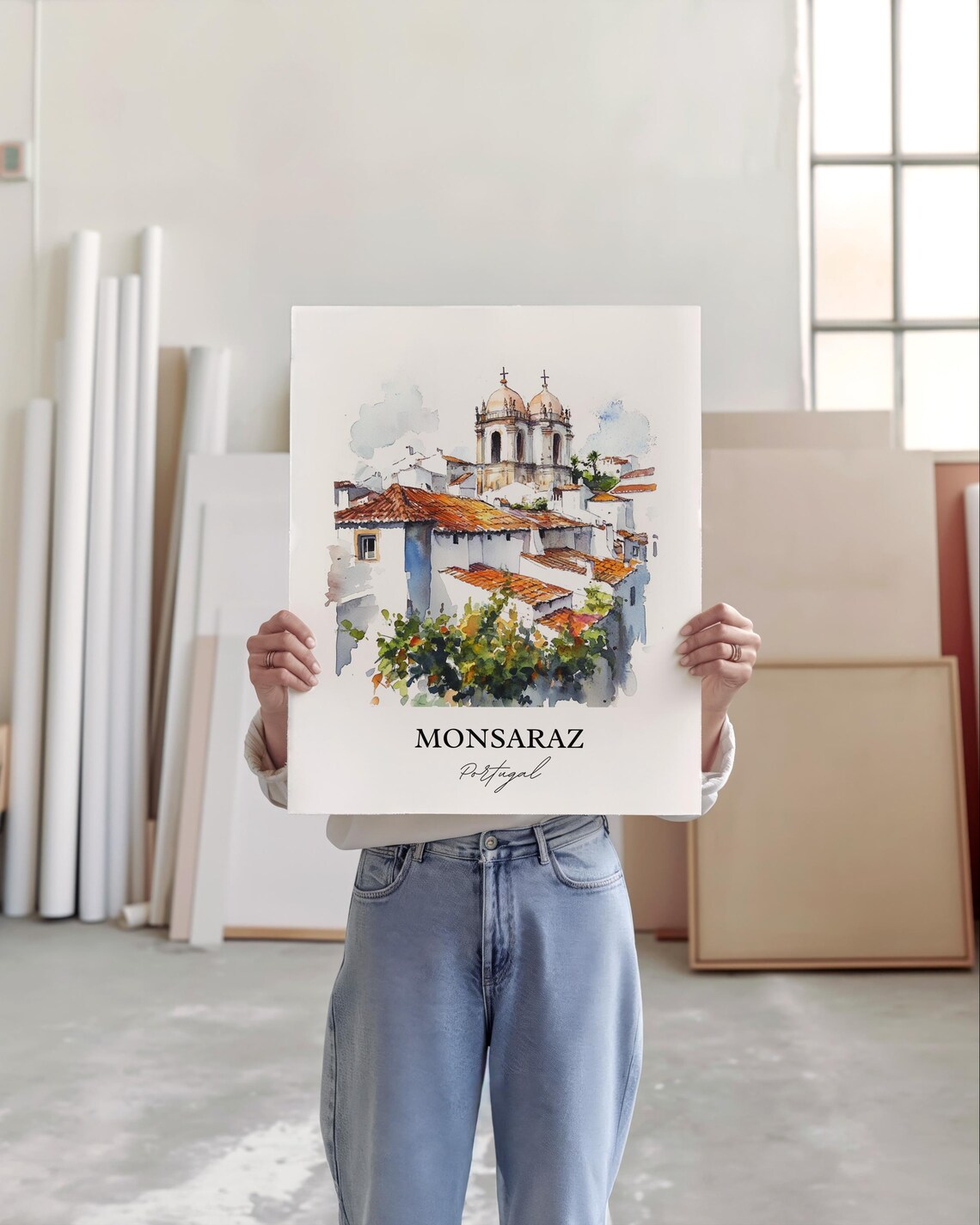 Monsaraz Portugal Watercolor Hilltop Village Church Domes Poster - Image 3