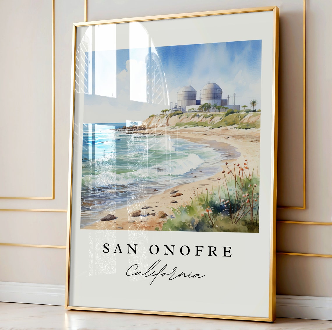 San Onofre California Watercolor Surf Beach Waves Scene Poster - Image 3