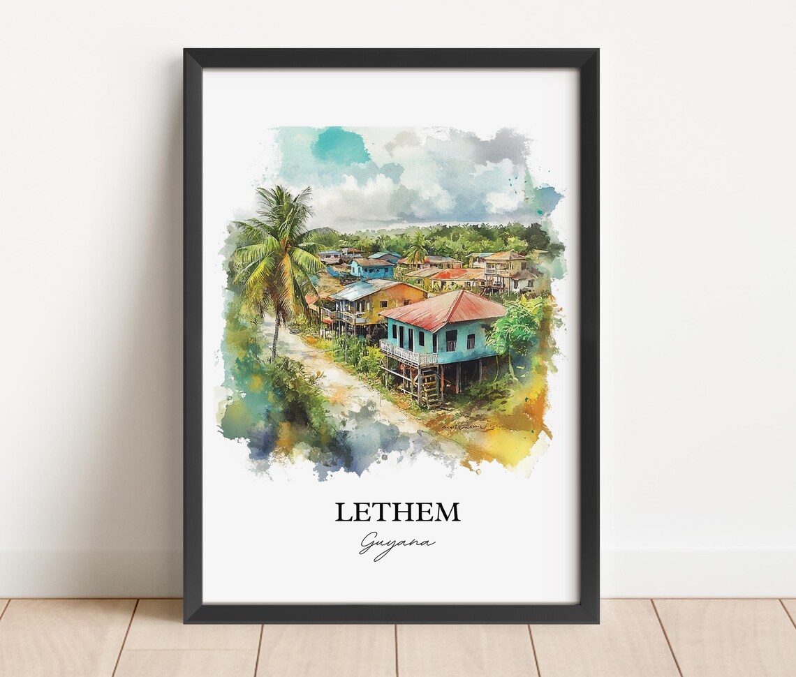 Lethem Guyana Watercolor Stilt Houses Village Tropical Poster - Image 3