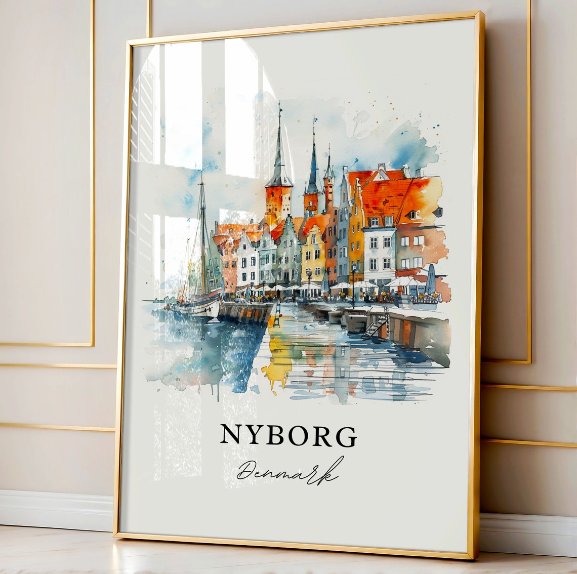 Nyborg Denmark Colorful Harbor Waterfront Watercolor Travel Poster - Image 4