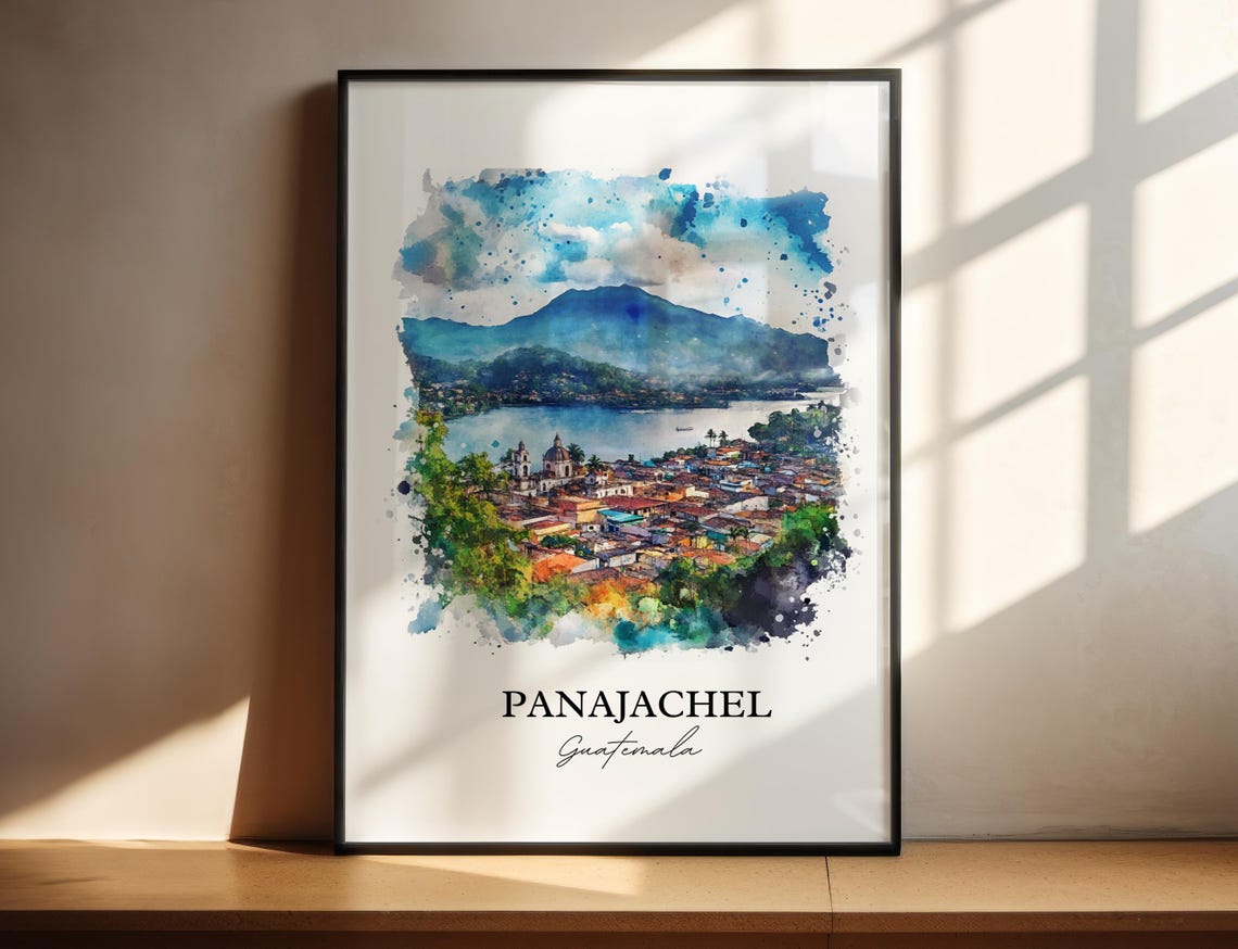 Panajachel Guatemala Lake Atitlan Volcano Town Watercolor Poster
