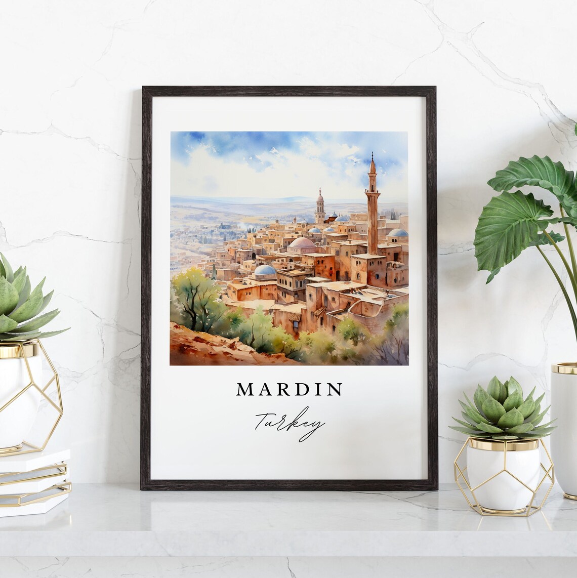 Mardin Turkey Watercolor Hilltop Old City Minarets Panorama Poster - Image 3