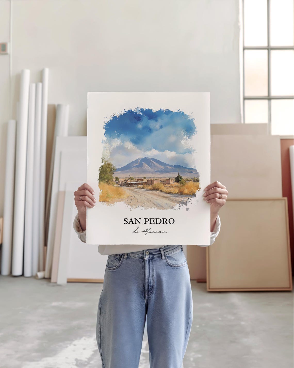 San Pedro de Atacama Watercolor Desert Village Volcano Travel Poster - Image 3