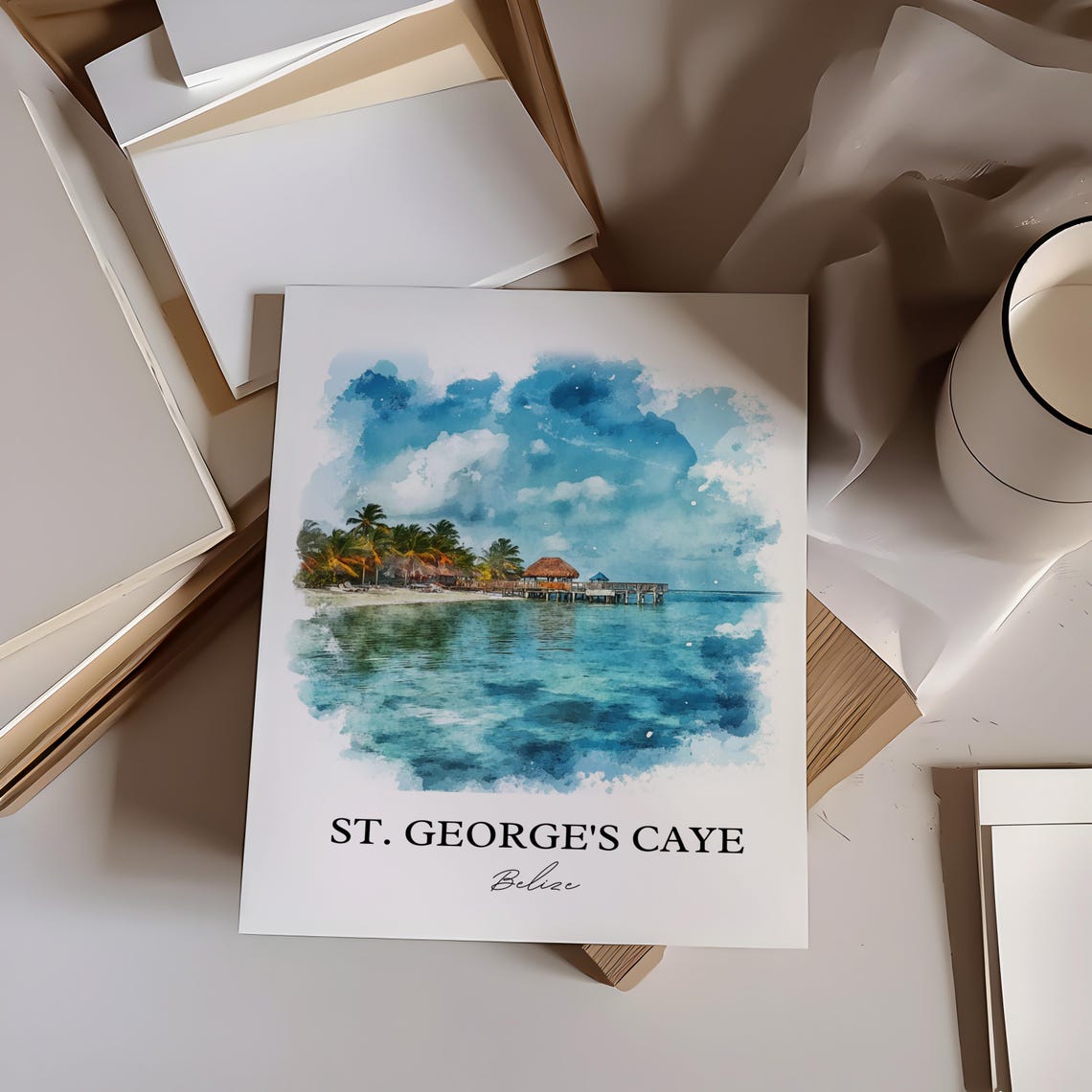 St Georges Caye Belize Beach Watercolor Tropical Ocean Scene Poster - Image 3