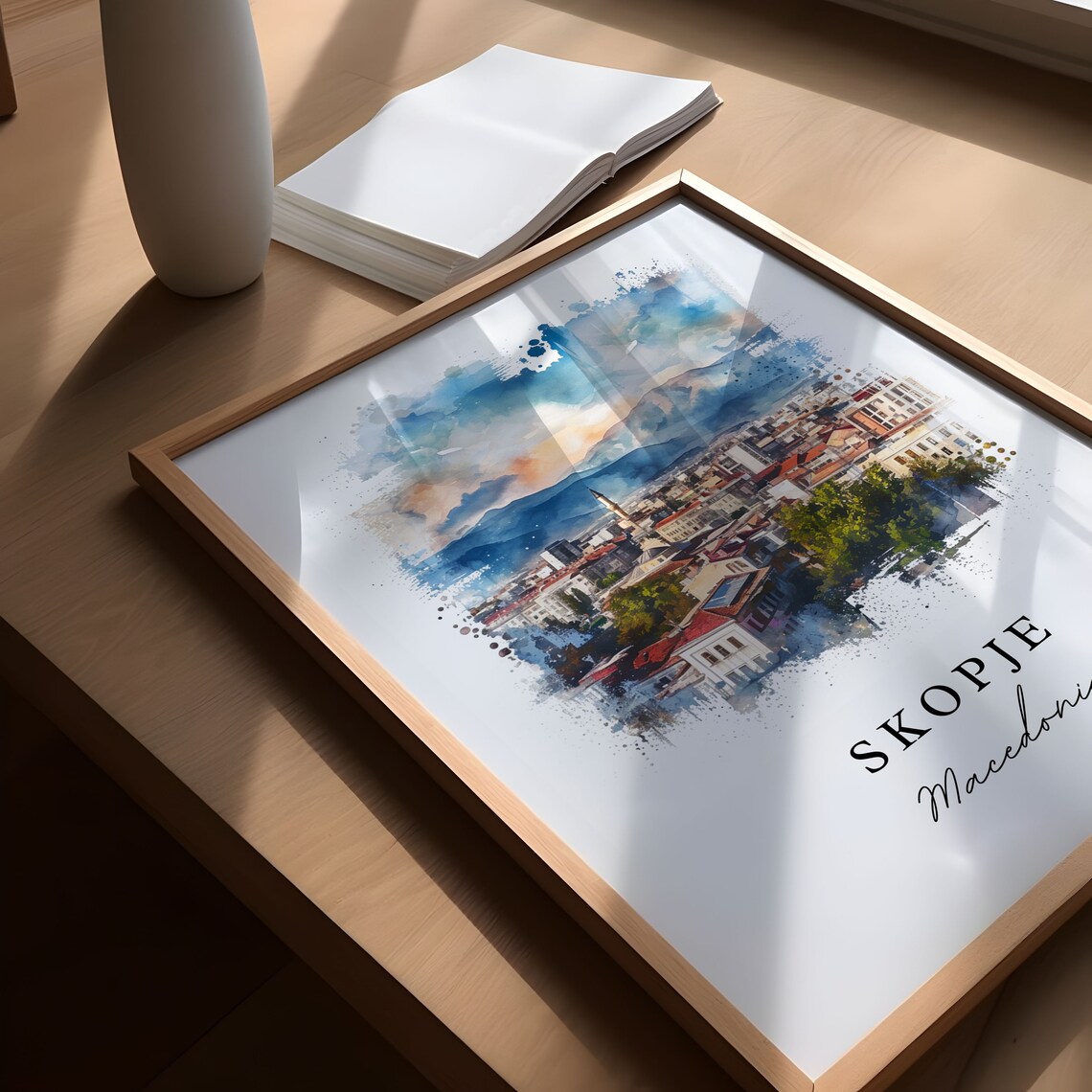 Skopje Macedonia City Skyline Mountain Watercolor Travel Poster - Image 5