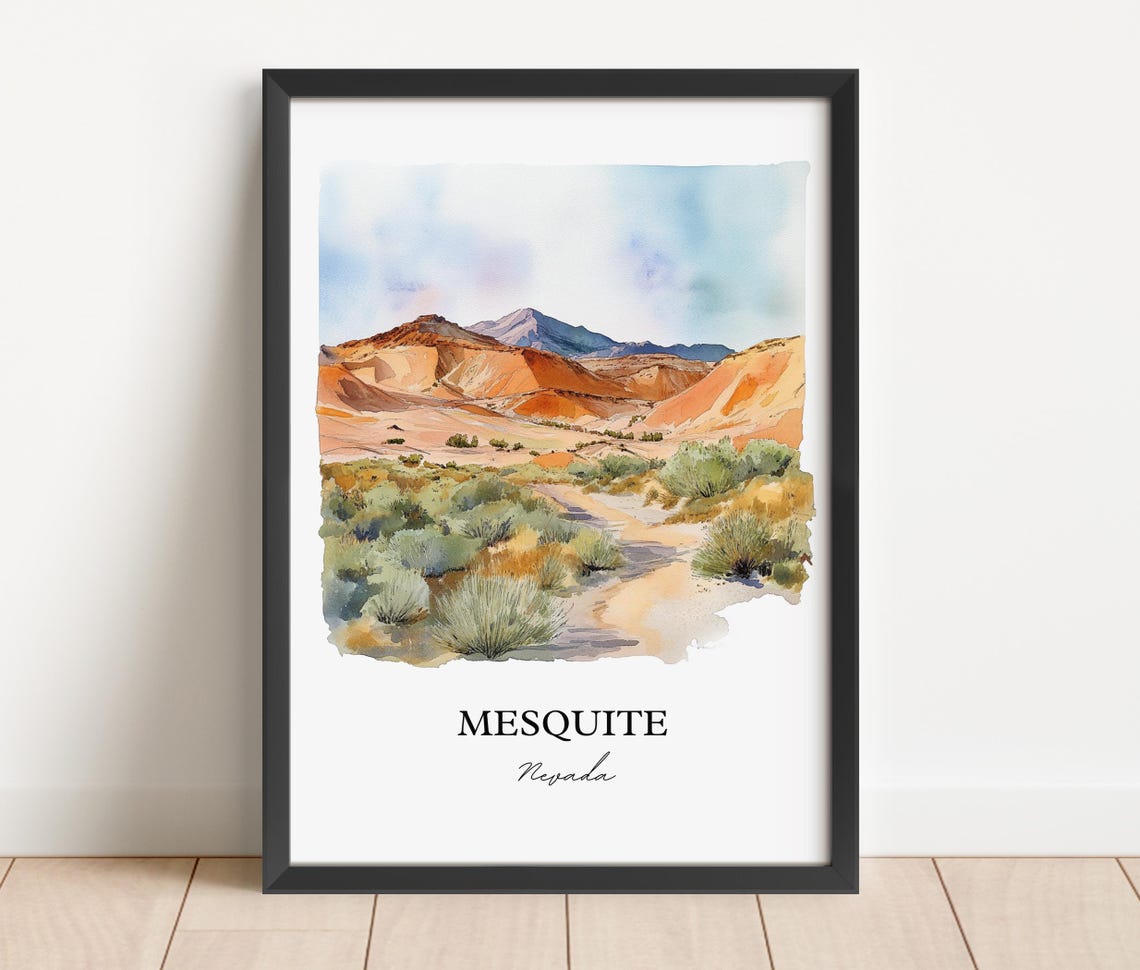 Mesquite Nevada Watercolor Desert Trail Red Mountains Sagebrush Poster