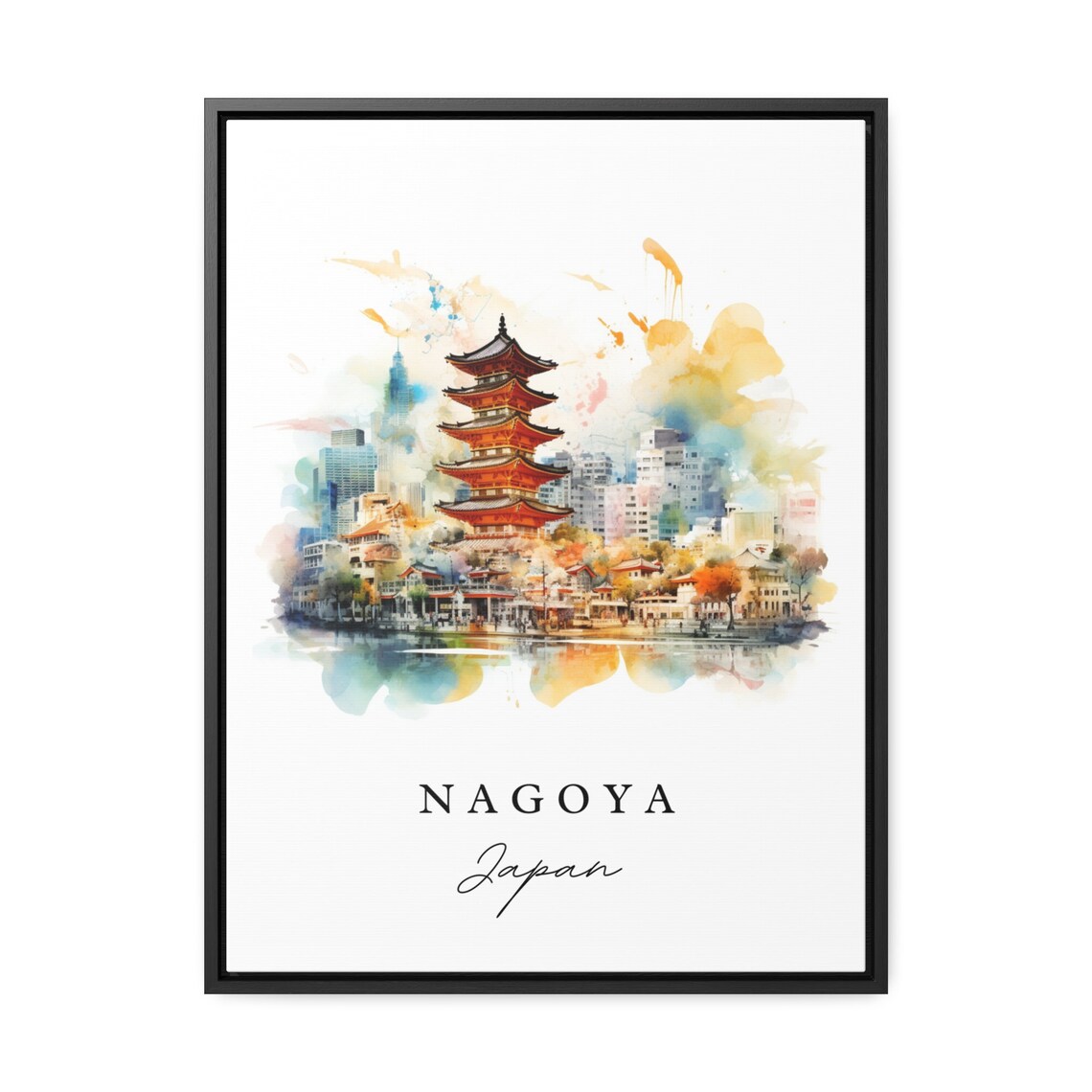 Nagoya Japan Watercolor Five Story Pagoda City Skyline Travel Poster - Image 3