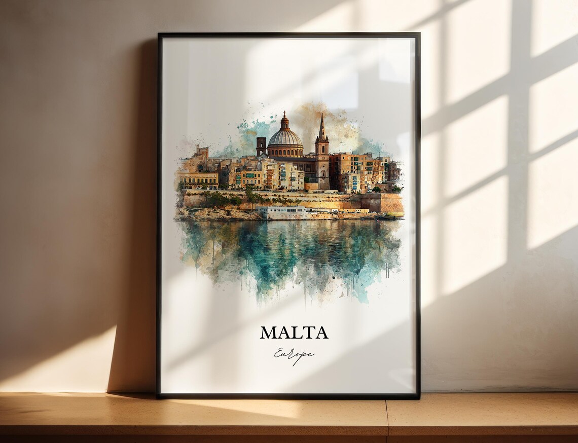 Malta Historic Harbor Skyline Watercolor Europe Travel Poster