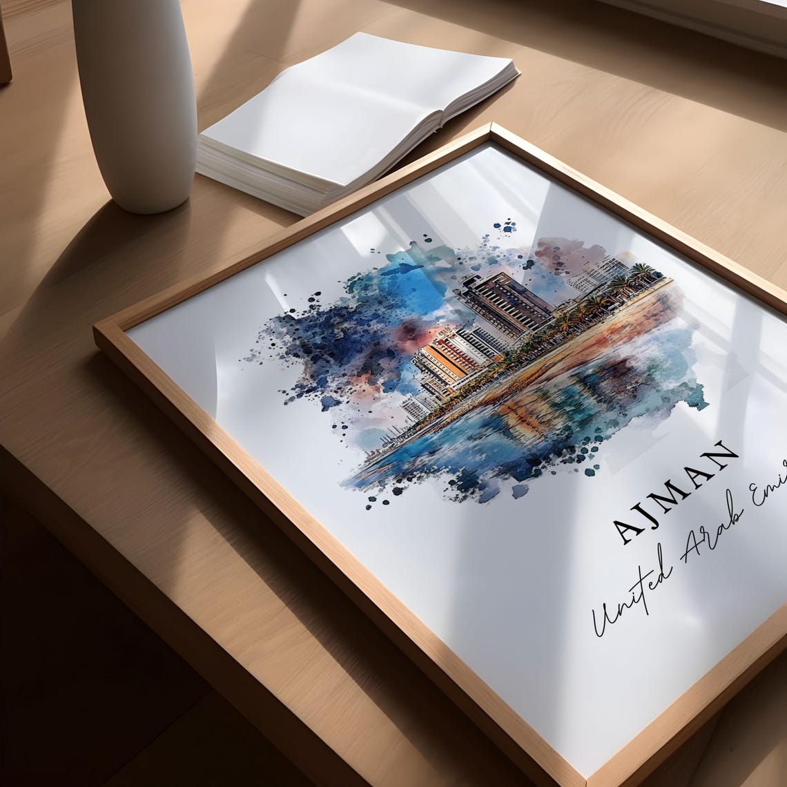 Ajman UAE Watercolor Beachfront Towers Splash Coast City Poster - Image 5