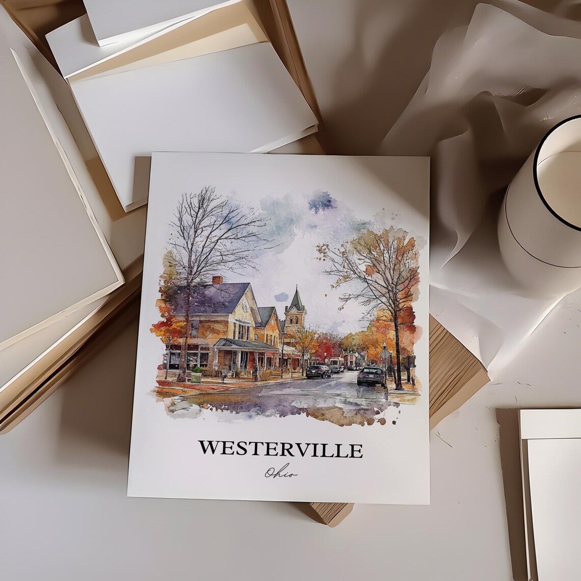 Westerville Ohio Watercolor Autumn Small Town Street Scene Poster - Image 4