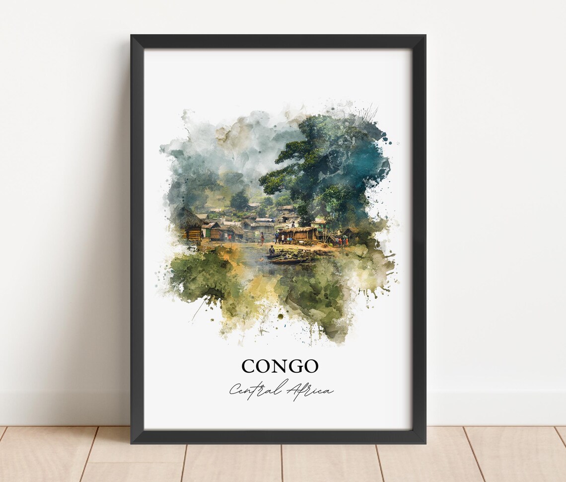 Congo Central Africa Riverside Village Watercolor Travel Poster - Image 2